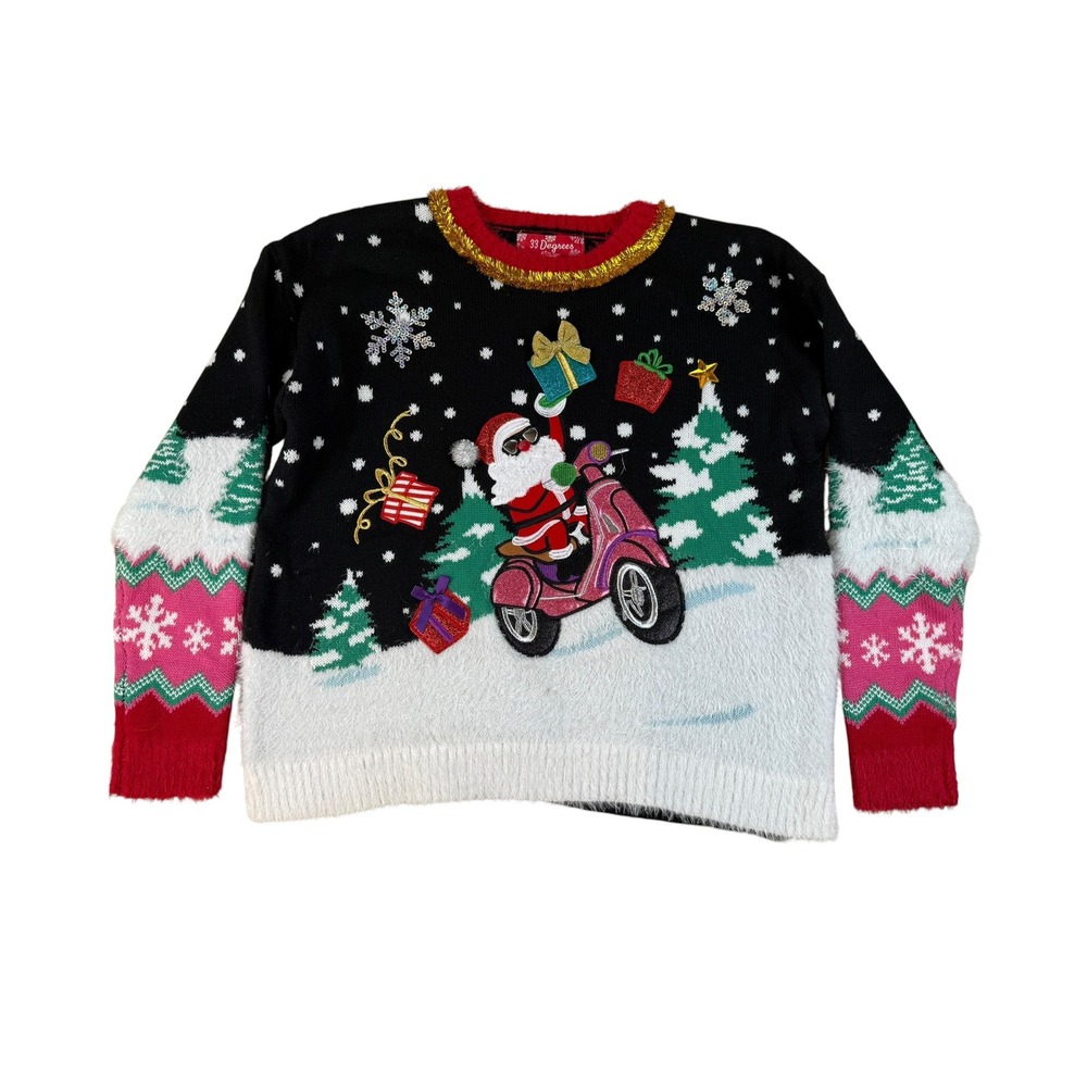 33 Degrees Medium Ugly Christmas Sweater Santa Scooter Tinsel Fuzzy Knit